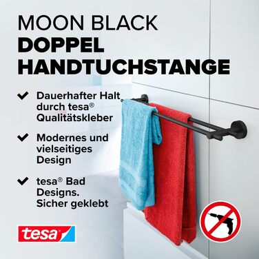 Двосторонній тримач для рушників tesa Moon Black, матовий чорний, настінний без свердління, 2 стрижні, 112x640x50 мм