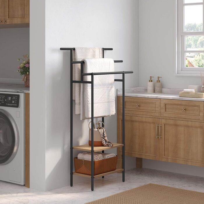 Стійка для рушників EUGAD з 3 полицями, чорна, з металу та ДСП, для рушників та одягу