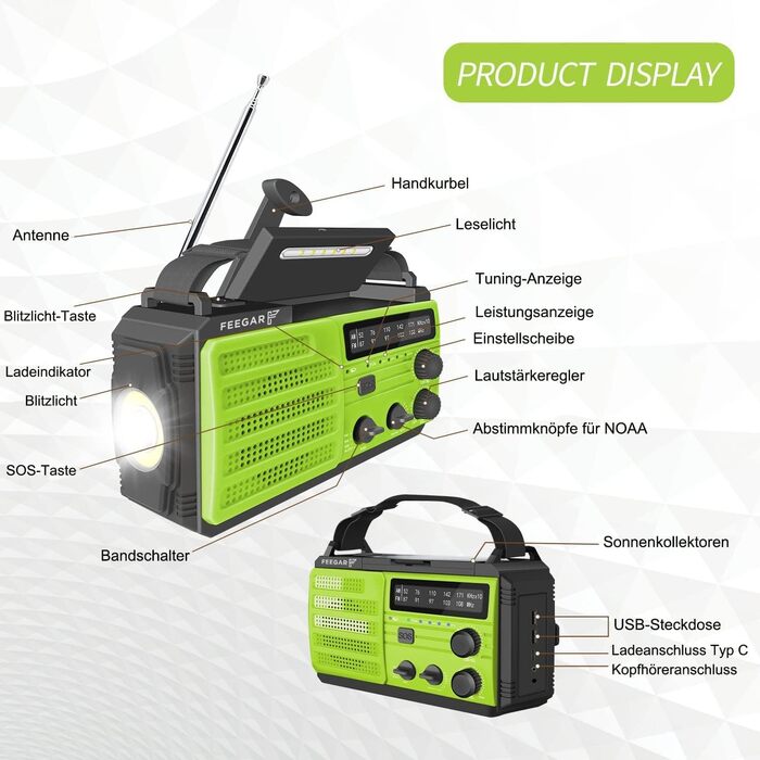 Портативне радіо Feegar Oze 3 Pro з сонячною панеллю та ручним приводом, радіо для надзвичайних ситуацій з AM/FM, 8000mAh, ліхтарик, датчик руху, USB-зарядний пристрій, SOS-сигнал, для кемпінгу