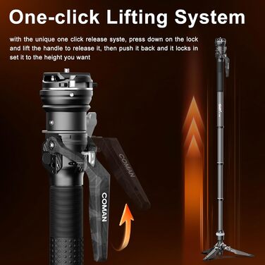 Монопод COMAN M1S з підставкою, 165 см, карбонове волокно, 360° поворотна голова, для камер Sony, Canon, Nikon, DSLR, максимальне навантаження 10 кг