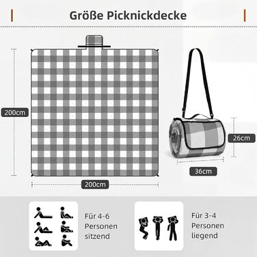 Плед для пікніка HAUSPROFI 200x200 см, водонепроникний, ізольований - великий плед для пікніка, пляжу, саду, кемпінгу. Бавовняний, з ручкою та кілочками, сіро-білий в клітинку