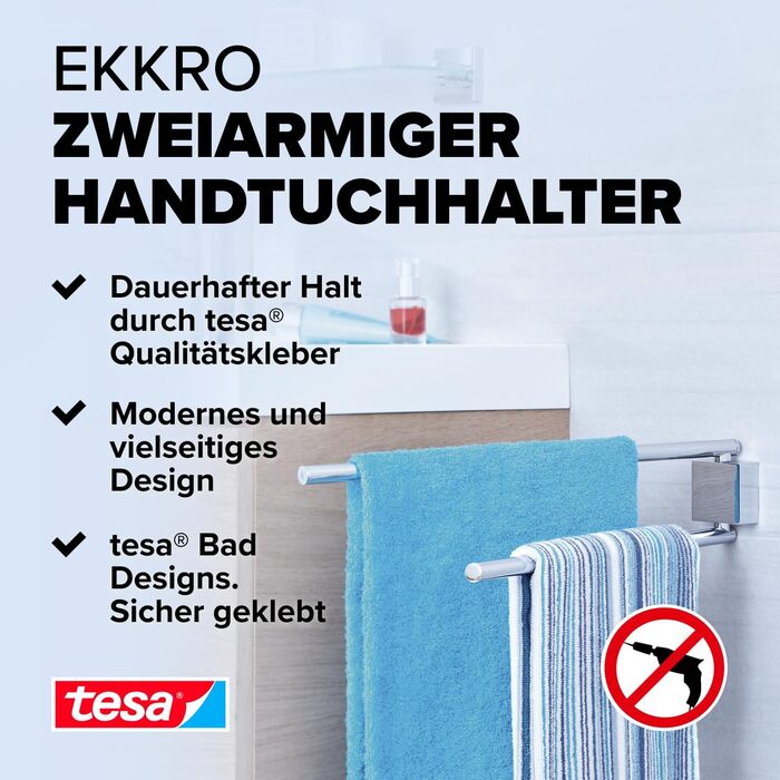 tesa EKKRO Bad Handtuchhalter, 2-arm and swivel, chrome - for wall mounting without drilling, incl. adhesive solution - 428 mm x 50 mm x 87 mm