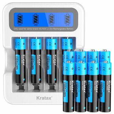 Набір літієвих акумуляторів Kratax AAA 1.5V 1100mWh (733mAh) з LCD-зарядним пристроєм, 12 шт — висока ємність та стабільна напруга