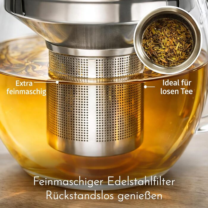 Скляний чайник Teekanne 1,5 л з ситом із нержавіючої сталі та кришкою, заварник із боросилікатного скла для листового чаю, сріблястий