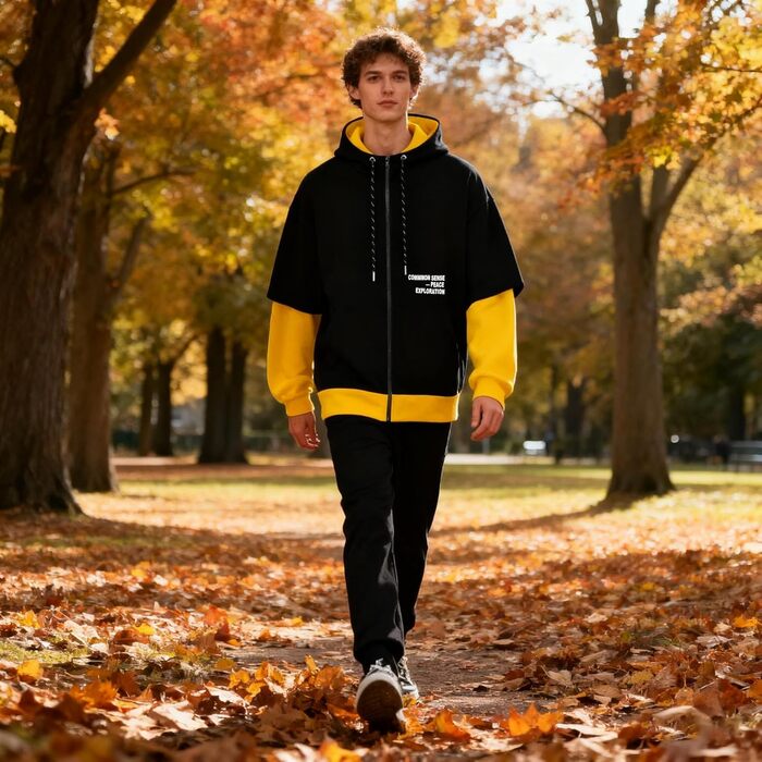 Чоловіча толстовка з капюшоном RUIZEHONG з блискавкою, спортивна куртка, блоковий колір, повсякденний стиль, з кишенями, біло-чорна (чорно-жовта, L)