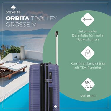 Чемодан Travelite ORBITA середній, розширюваний, 67 см, 68-78 літрів, турквіс (з TSA замком та зручною внутрішньою організацією)