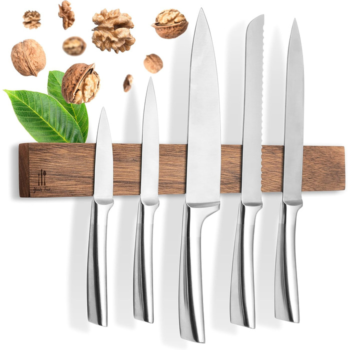 Magnetic Knife Strip, Wood, Self-Adhesive, No Drilling Required - XL Knife Strip for up to 10 Knives - 43x6.2cm - [ROCK SOLID] - Magnetic Knife Block made of Walnut Wood for the Kitchen - Magnetic Knife Holder