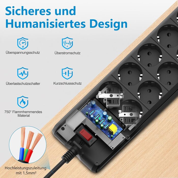 Мережевий фільтр з 4 USB, 6 розеток, вимикач, настінний, 3680W, 16A, 2 Type-C, кабель 1.8м (чорний)