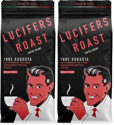 Кава в зернах Lucifers Roast 100% Робуста, міцна італійська кава для еспресо, темне обсмажування, низька кислотність, 1 кг (набір 2 шт)
