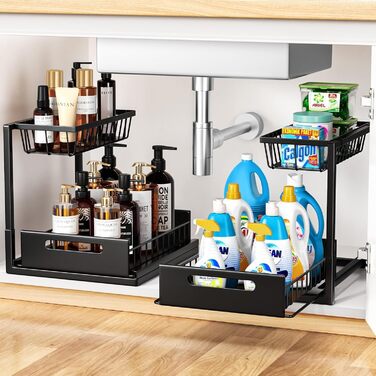 Cocolemon Under Sink Shelf Organizer, 2-Tier Kitchen Cabinet Organizer with Drawer, Large Capacity Under Sink Shelf, Spice Rack and Kitchen Helper for Kitchen, Bathroom, Under Cabinet, Black (2 PCS)