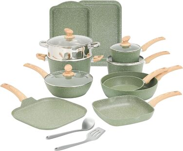 Kitchen Academy 17-Piece Induction Cookware Set with Glass Lids and Granite Coating, including Frying Pans and Pots (green 17 pc)