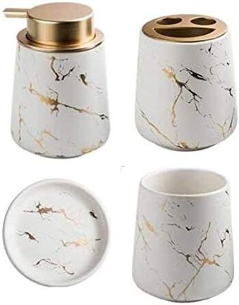 Набір для ванної кімнати з 4 предметів, кераміка, набір аксесуарів для ванної кімнати, імітація мармуру, себорер, стакан для зубної пасти, тримач для зубних щіток, тримач для мила (темно-зелений) (білий)