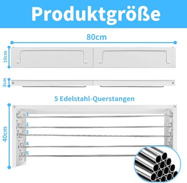Настінний сушильник для білизни з довгими стіжками, 5 ліній сушіння, розкладний, для дому та вулиці, ванна кімната (білий, 80 см)