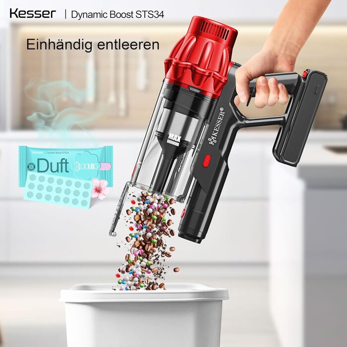 Бездротовий акумуляторний пилосос KESSER® з LED дисплеєм, 70 хв роботи, без мішка, для твердих поверхонь, килимів, шерсті тварин, чорний/червоний