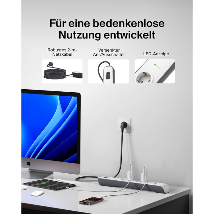 Мережевий фільтр Belkin з захистом від перенапруги та USB-портами, 8 розеток, 2 USB-A, 2.4A, кабель 2м, для дому та офісу