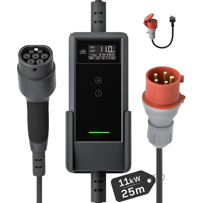 Мобільна зарядна станція/Wallbox Dé 11 кВт (3 фази, 6-16A) з регульованою потужністю, кабель CEE 16A - Type 2, для електромобілів Model Y/3, ID.3/4/5, MG4, EX30, e-up, e-tron та BEV/PHEV (CEE 11kW, 25м)