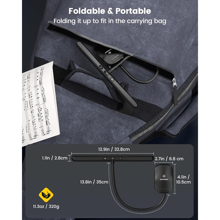 Світлодіодна лампа для нот Glocusent 81 LED: кліпса на пюпітр, 3 кольори, 5 рівнів яскравості, USB-C, до 140 годин, для піаніно, чорна