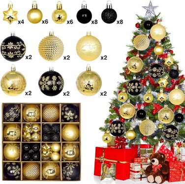 44 штуки новорічних кулі пластикові, прикраси для ялинки, набір кульок для ялинки, персоналізовані новорічні кулі білі та червоні, ялинковий декор, новорічний декор для дому та вулиці білий та червоний (золотий та чорний)