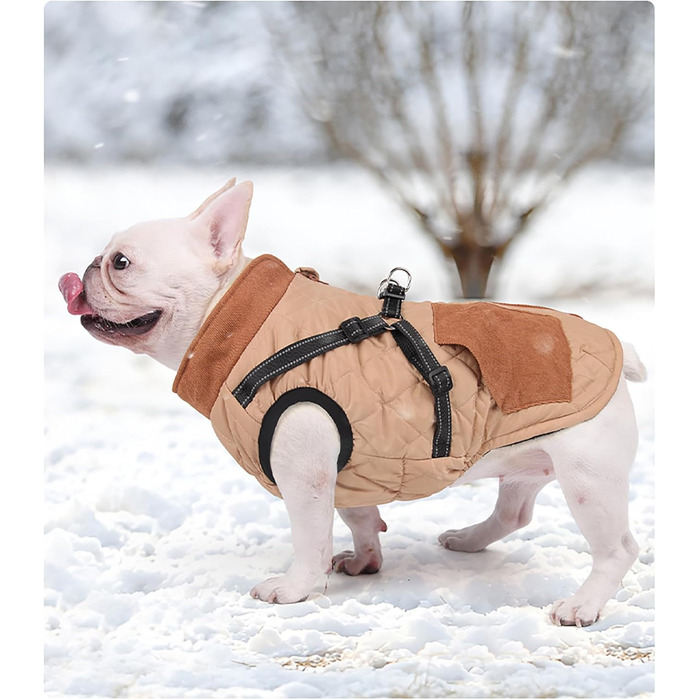 Dog coats with harness, winter warm jacket windproof pet clothing with pocket design snowsuit dog coats for small to medium dogs (M, Khaki)