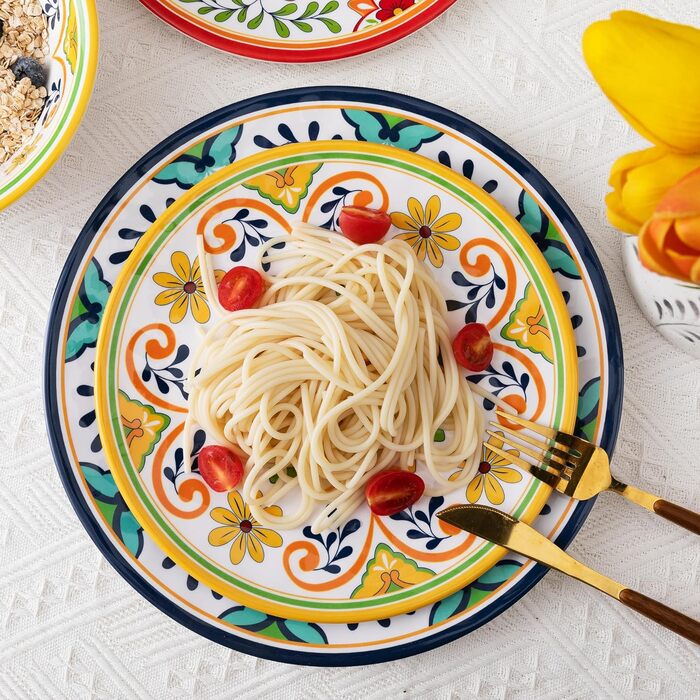 Набір посуду Talavera з меламіну, 12 предметів: тарілки та миски для 4 осіб, небиткий, для кемпінгу, BPA-free, придатний для миття в посудомийній машині