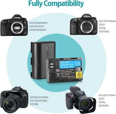 Запасний акумулятор ENEGON LP-E6 (2 шт.) та розумне LED Dual USB зарядне пристрій для Canon EOS 5D Mark II/III/IV, 5DS, 5DS R, 6D, 7D, 7D Mark II, 60D, 70D, 80D та інші моделі Canon (2 x LP-E6)