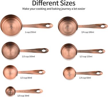 Kalsrei Measuring Cup Set, Copper Measuring Cup Set, 7 metric & US measuring cups made of stainless steel for kitchen & baking, metal measuring cup set with 2/3 & 3/4 measuring cups