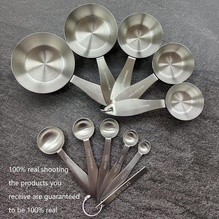 Measuring cup and spoon set, robust, stainless steel measuring cups and spoons, 20 pieces: 5 measuring cups, 6 measuring spoons, 5 mini measuring cups, conversion chart for measuring cups and spoons.