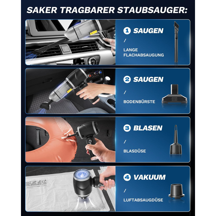 Ручний бездротовий пилосос Saker 3-в-1: для дому, офісу та видалення шерсті. Бездротовий, потужний, з USB-C. Чорний