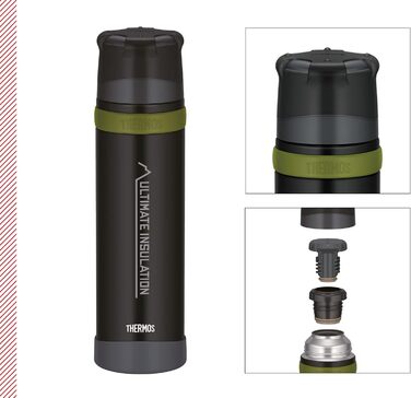 THERMOS MOUNTAIN BEVERAGE BOTTLE 0.9L, Black, Stainless Steel Thermos Flask with Drinking Cup, 24h Hot / 24h Cold, Lightweight Outdoor Bottle, Robust, Disassemblable Lid, BPA-Free