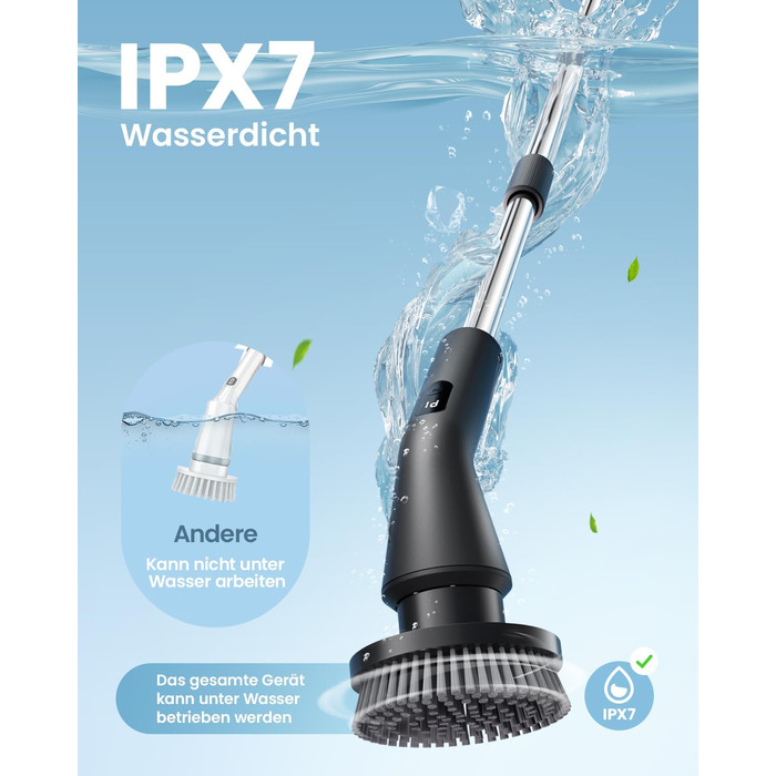 Електрична щітка для чищення Leebein Spin Scrubber: водонепроникна (IPX7), з телескопічною ручкою, 7 насадками та 2 швидкостями для ванної, підлоги та кухні, чорна
