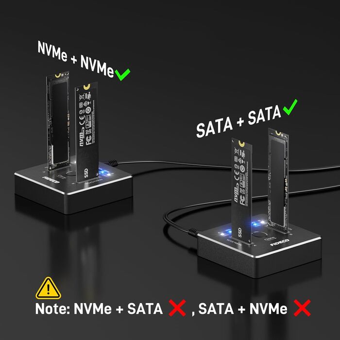 Док-станція для SSD FIDECO M.2 NVMe SATA, USB 3.2 Gen 2 (20Gbps), алюмінієвий корпус, підтримка клонування, UASP, TRIM