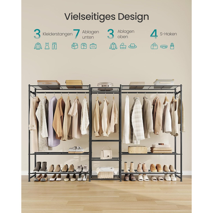 SONGMICS Стійка для одягу, відкритий шафа, вішалка для одягу з 10 полицями, 3 перекладинами, 4 гачками, металевий каркас, для спальні, вітальні, передпокою, чорний LGR011BZ01 206,4B см