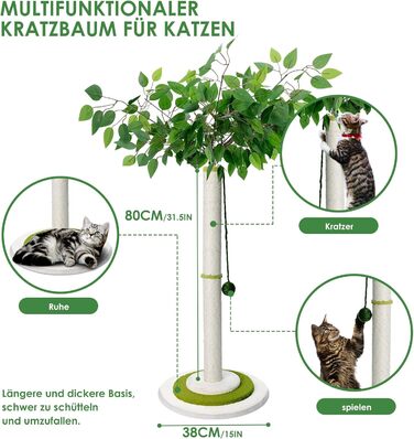 Zvonema Kratzbaum-Kratzstamm Scratching Post with 80 cm Height for Small and Large Cats, Sisal Rope Cat Scratching Post with 1 Interactive Ball, Scratching Pole Cat Furniture, for Indoor Activity, Play