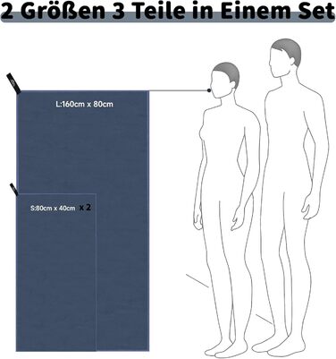 Набір рушників з мікрофібри Pameil (3 шт.): великий (160x80 см) + 2 маленькі (80x40 см), швидковисихаючі, для подорожей, фітнесу, сауни, блакитні