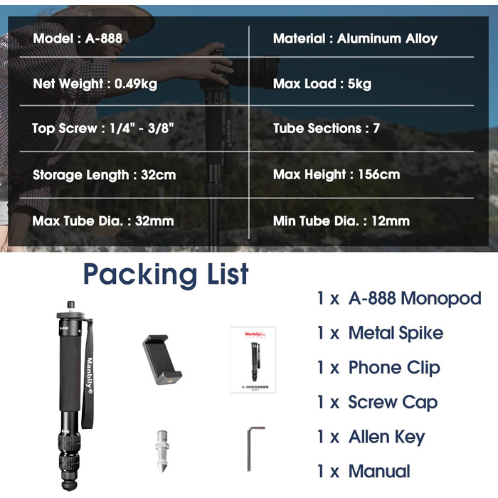 Монопод для камери Manbily A-888, 32-156 см, алюміній, 7 секцій, для DSLR/смартфона, монопод для фото та відео