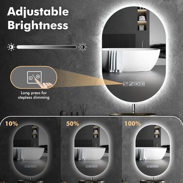 Дзеркало для ванної кімнати з підсвічуванням LED, 60 см, протитуманна функція, Bluetooth, сенсорний вимикач, регулювання яскравості, 3000K/4000K/6500K, HD-загартоване скло, 500x750 мм (овальне)