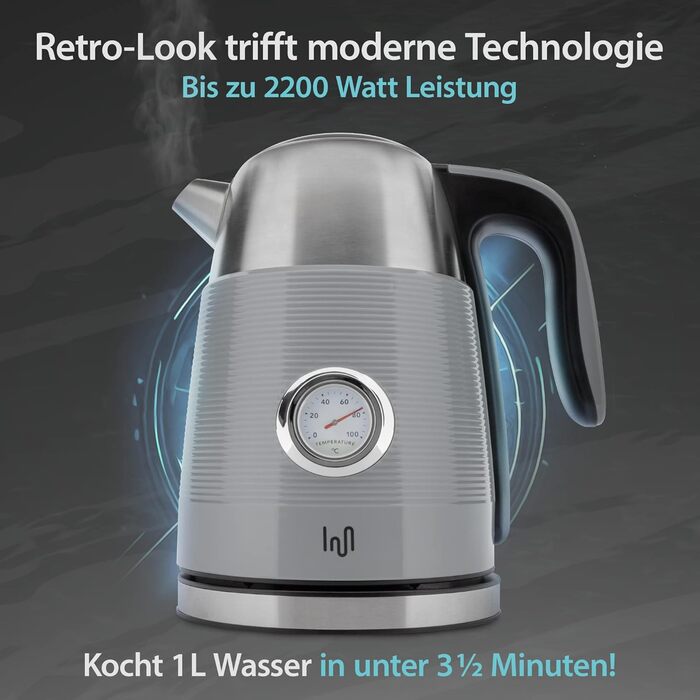 Електричний чайник з нержавіючої сталі 1.7 л з термометром, LED-підсвічуванням та автовимкненням, срібно-сірий