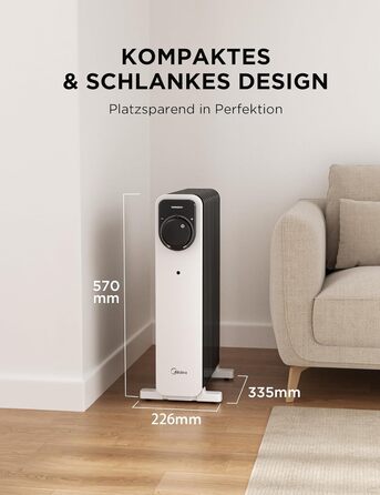 Електричний масляний радіатор Midea 2000W з 9 ребрами, термостатом та захистом від перегріву, 3 режими нагріву, тихий, для дому та офісу