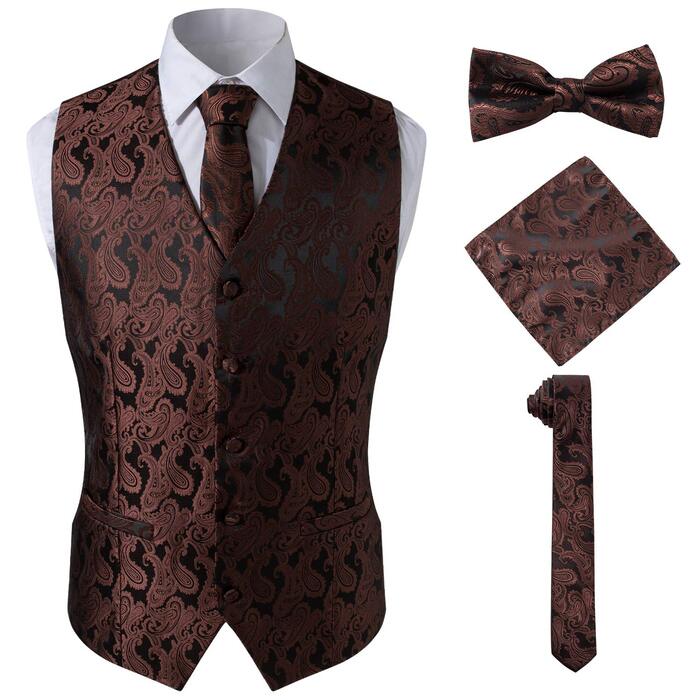 Чоловічий комплект з краваткою та кишеньковим хустинкою, візерунок пейслі, 4-елементний XL, коричневий