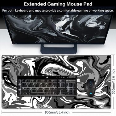 Ігровий килимок для миші Abetcabe XXL Gaming, підкладка на стіл 900 x 500 x 3 мм, чорно-сірий Fluid
