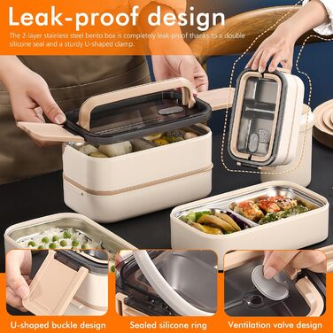 Бенто-бокс ланчбокс 2 ящики з відділеннями: Преміум ланчбокс для дорослих з нержавіючої сталі, без BPA, з посудом, ідеальний для подорожей, підходить для мікрохвильової печі, бенто-бокс для дорослих, Meal Prep