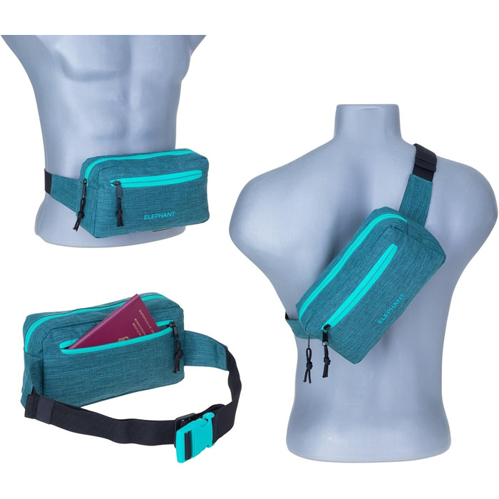 Сумка на пояс для чоловіків та жінок. Велика сумка через плече/на груди, спортивна, для подорожей. Елемент декору - слон. Кольори: зелено-бірюзовий, petrol. Модель 13027