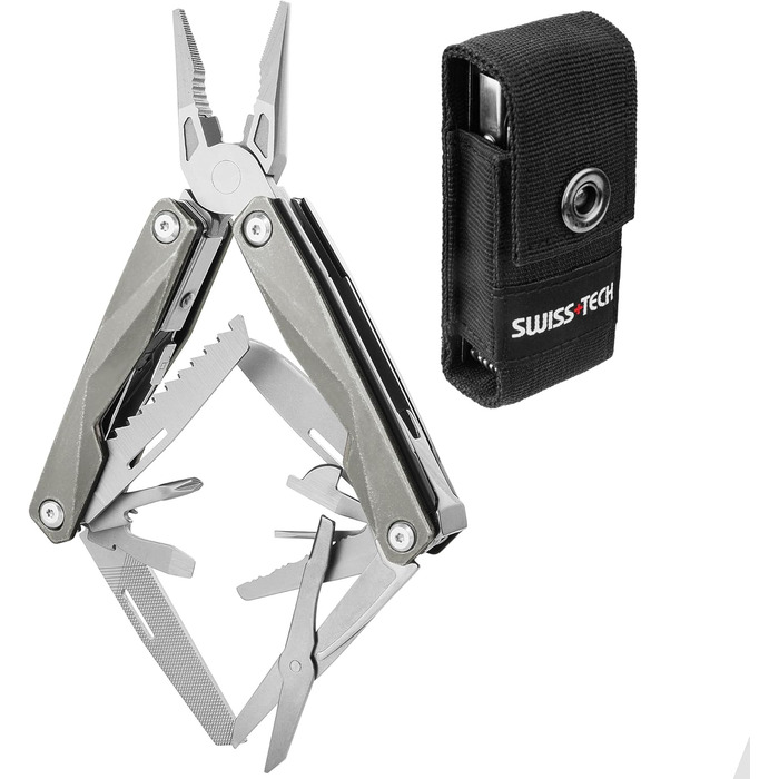 Мультитул Swiss+Tech 16-в-1: мультиінструмент з нержавіючої сталі з ножем, пилкою, ножицями, відкривачкою для пляшок, для кемпінгу, відпочинку на природі, ремонту, з чохлом, вінтажний зелений (ретро-сірий)