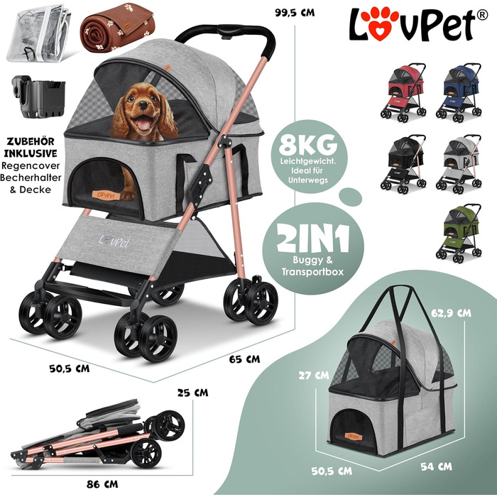 LOVPET® 2-in-1 Pet Stroller - Dog Buggy, Carrier & Jogger for Pets up to 20kg - Foldable, Grey