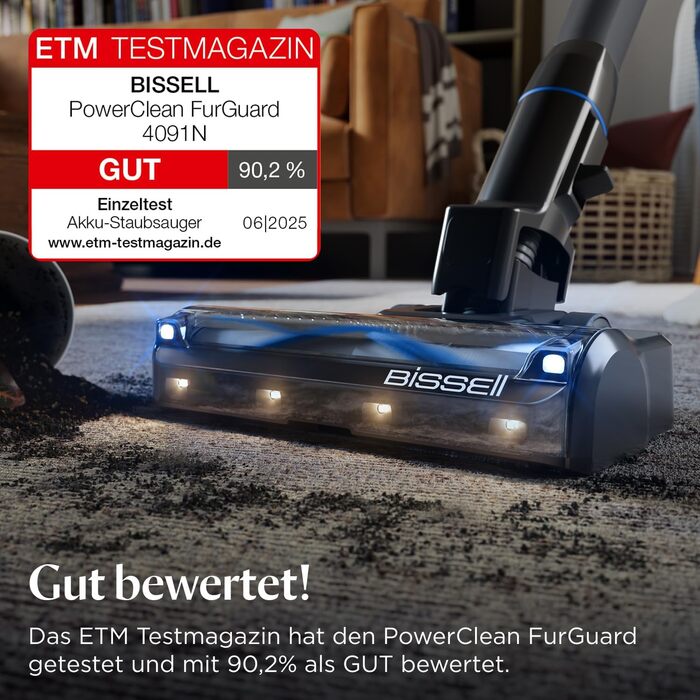 Бездротовий пилосос Bissell PowerClean FurGuard з акумулятором, 280W, самоочищувана щітка, світло FurFinder, HEPA-фільтр, акумулятор 2500 mAh, час роботи 50 хв, щітка FurGuard 4091N для видалення шерсті тварин