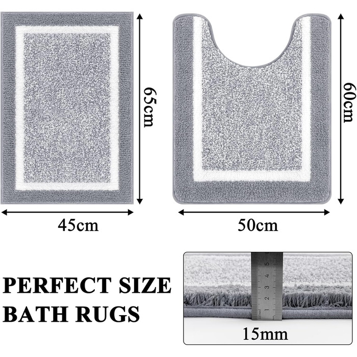 Килимок для ванної кімнати SHACOS: неслизький, м'який, водопоглинаючий, машинного прання, 45x65+50x60 см (Світло-сірий)