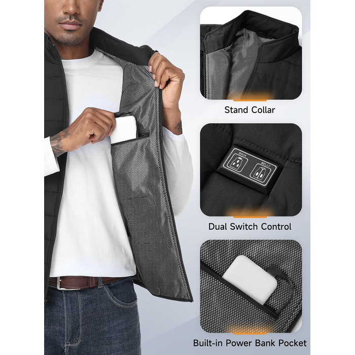 Обогріваючий жилет, жилет з підігрівом для жінок та чоловіків, тепла куртка з акумулятором, куртка з підігрівом з Powerbank, 7.4V/5.0V куртка з 3 рівнями налаштування температури, 6 зон обігріву, теплий жилет, зимова куртка, водонепроникний одяг з акумулятором, чорний - 10000mAh 5V Powerbank