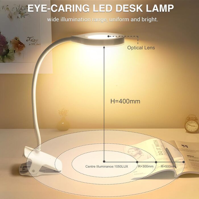 LED лампа для читання Akynite з акумулятором, 5 кольорів та 5 рівнів яскравості, кріпиться на ліжко, дитяча лампа для пеленального столика, біла