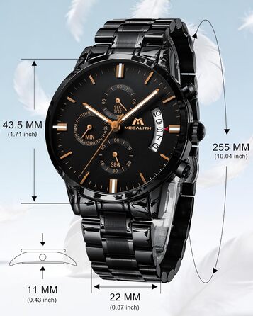 Чоловічий годинник MEGALITH з нержавіючої сталі, хронограф, водонепроникний: велике циферблат, дата, стильний подарунок для чоловіків. Сталь, чорний, рожеве золото