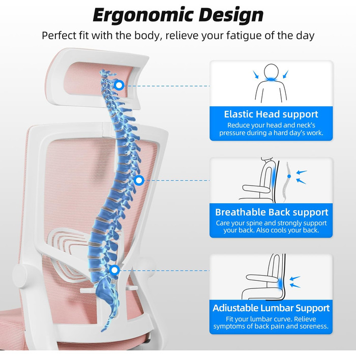 Ергономічне крісло Daccormax для офісу: регульована спинка, підголівник, підлокітники, витривале до 150 кг (Рожевий)